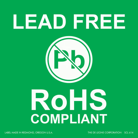 Green and white RoHS compliance label indicating lead-free status.