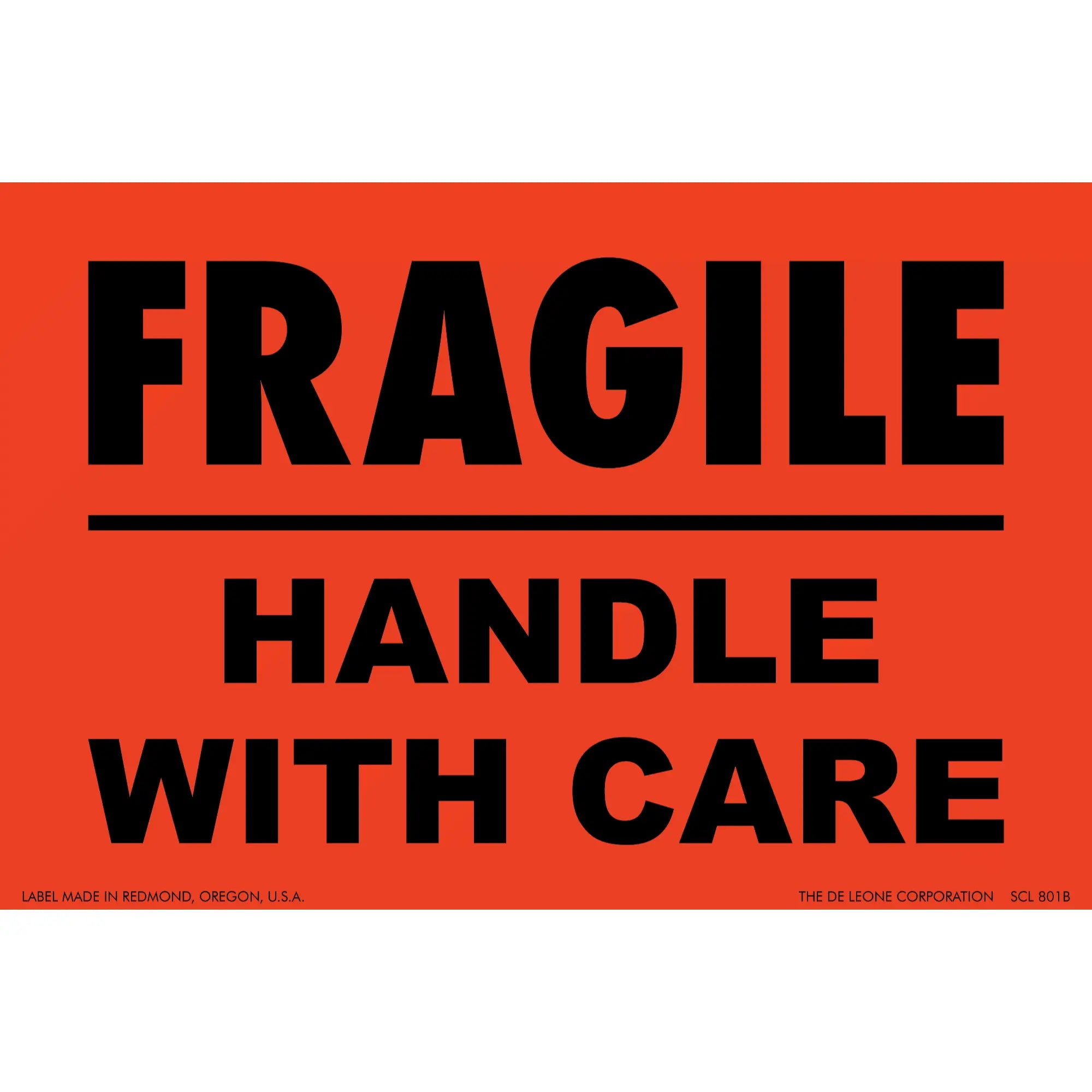 Red warning label with black text reading ’FRAGILE HANDLE WITH CARE’