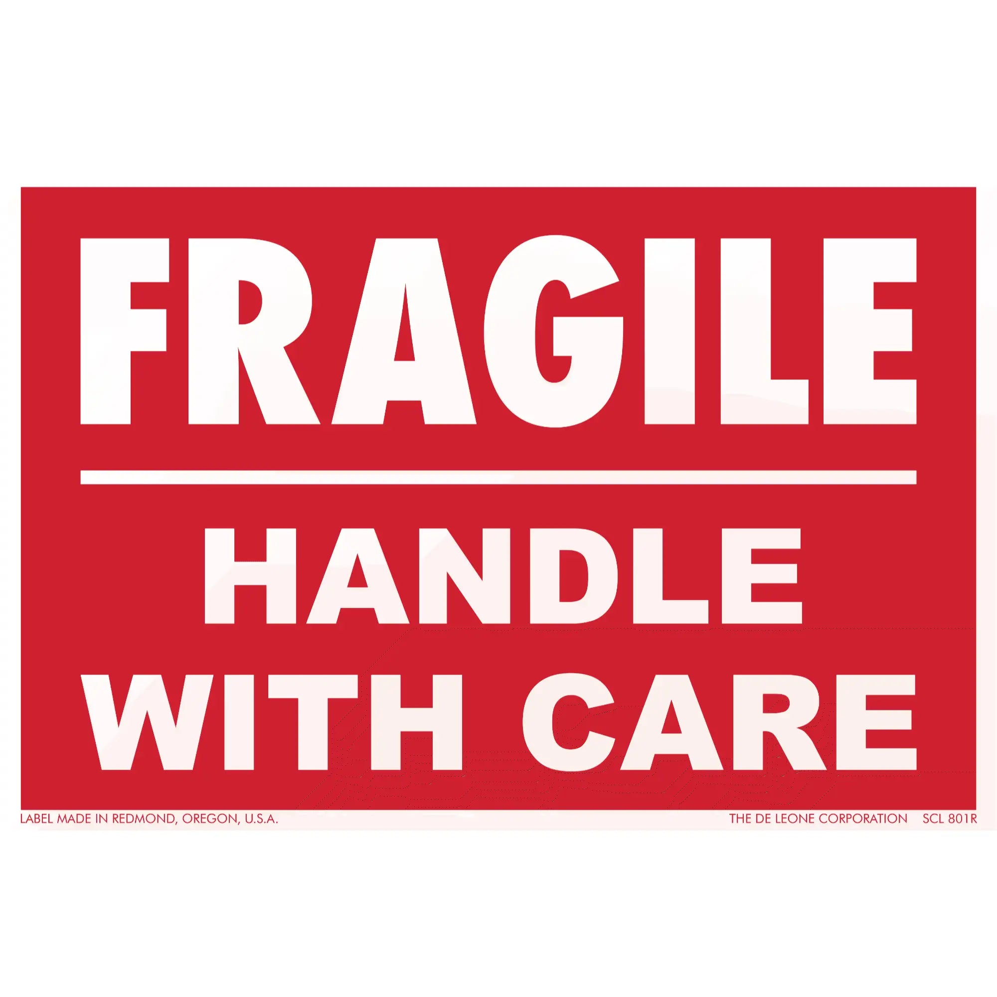 Red and white warning label that reads ’FRAGILE HANDLE WITH CARE’