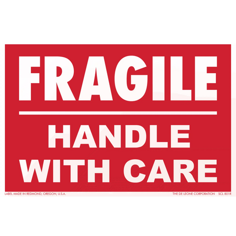 Red and white warning label that reads ’FRAGILE HANDLE WITH CARE’