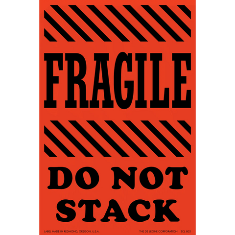 Red and black warning label with ’FRAGILE - DO NOT STACK’ text and diagonal stripes.