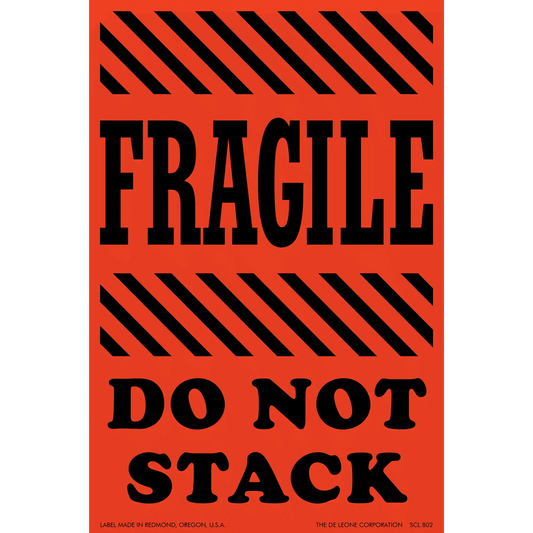 Red and black warning label with ’FRAGILE - DO NOT STACK’ text and diagonal stripes.