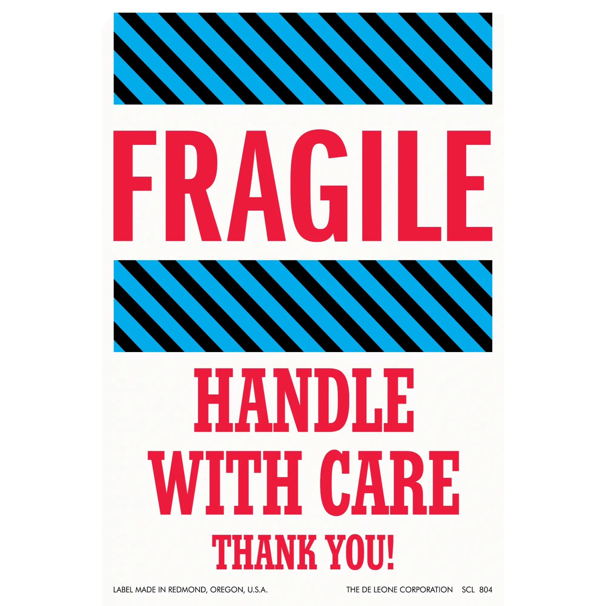 Warning label with ’FRAGILE - HANDLE WITH CARE’ text and diagonal striped borders.