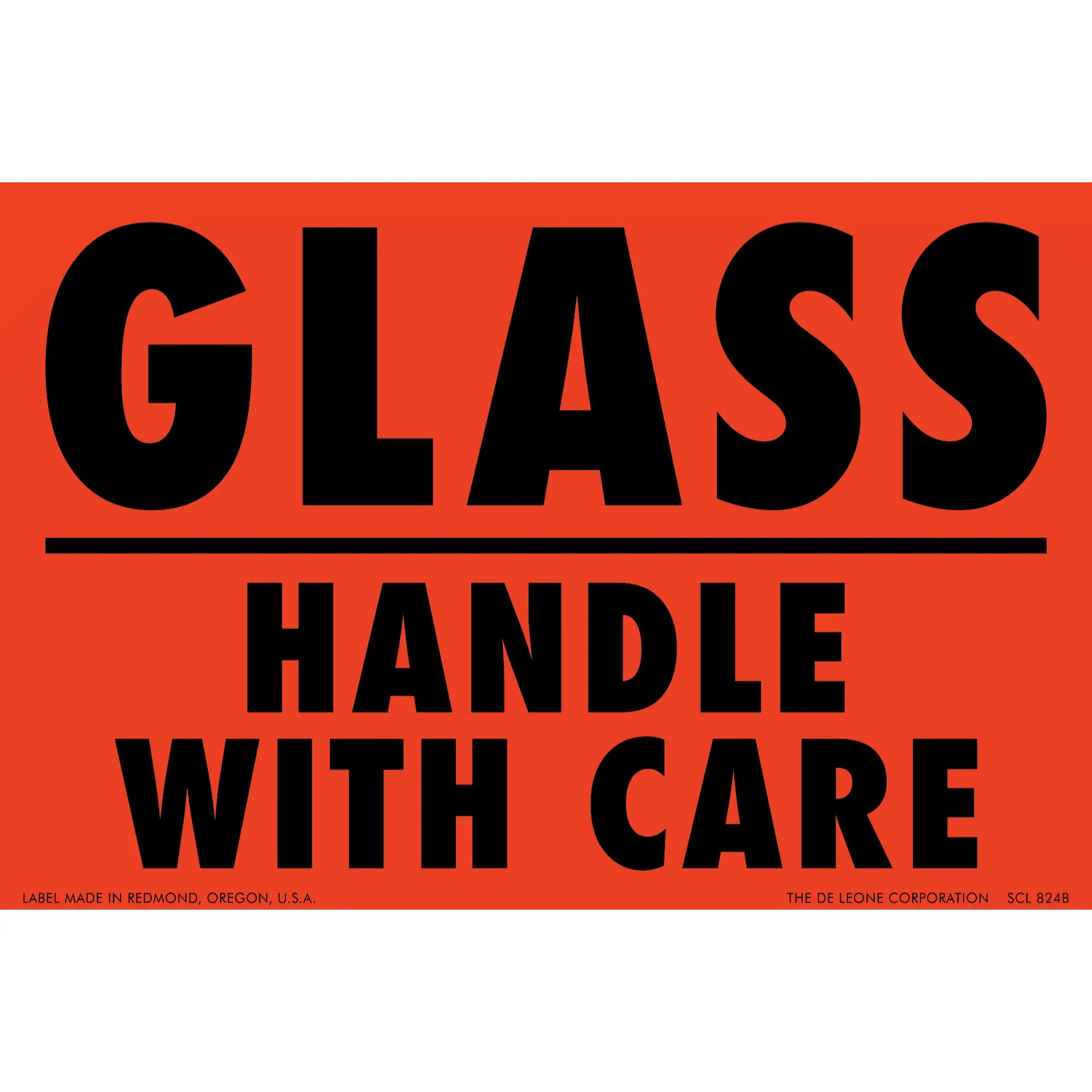 Warning label with black text ’GLASS - HANDLE WITH CARE’ on red background.