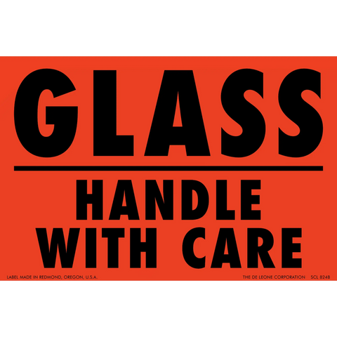 Warning label with black text ’GLASS - HANDLE WITH CARE’ on red background.