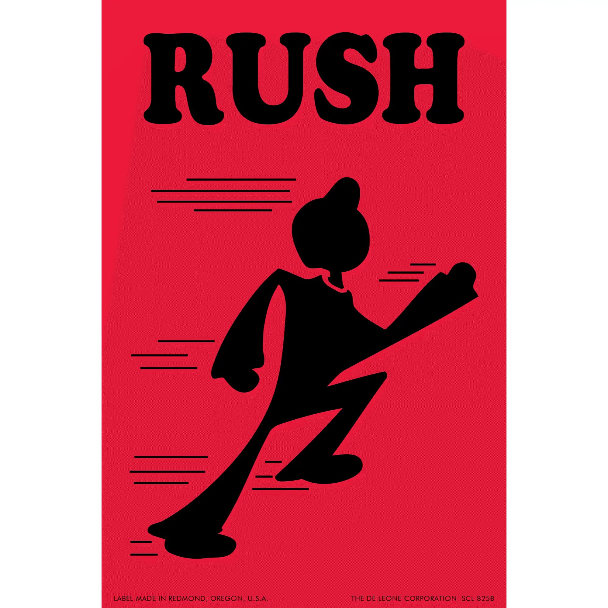 Black silhouette of a running figure on a red background with ’RUSH’ text above it.