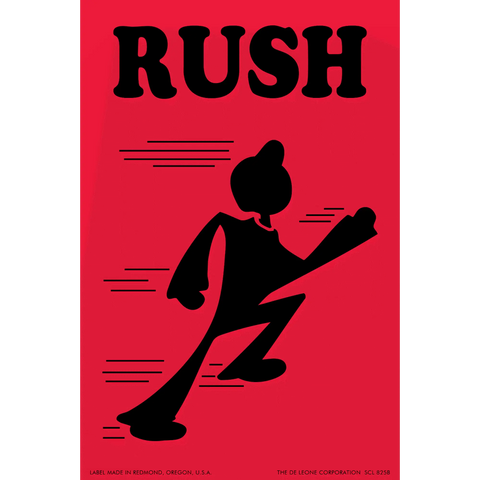 Black silhouette of a running figure on a red background with ’RUSH’ text above it.