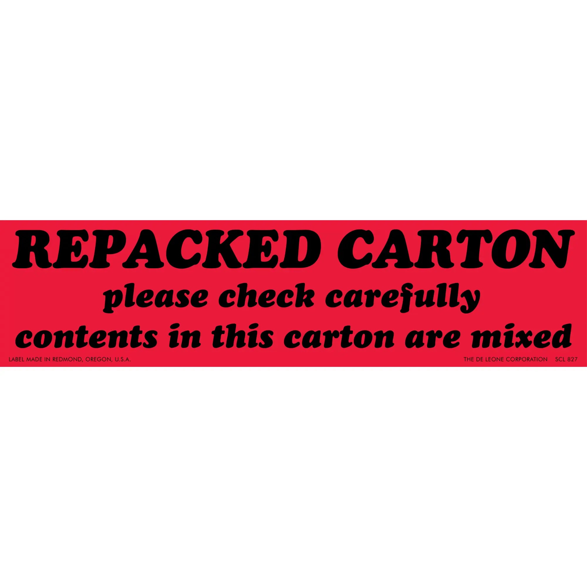 Red warning label stating ’REPACKED CARTON please check carefully contents in this carton are mixed’
