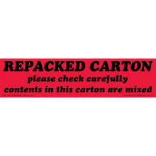 Red warning label stating ’REPACKED CARTON please check carefully contents in this carton are mixed’