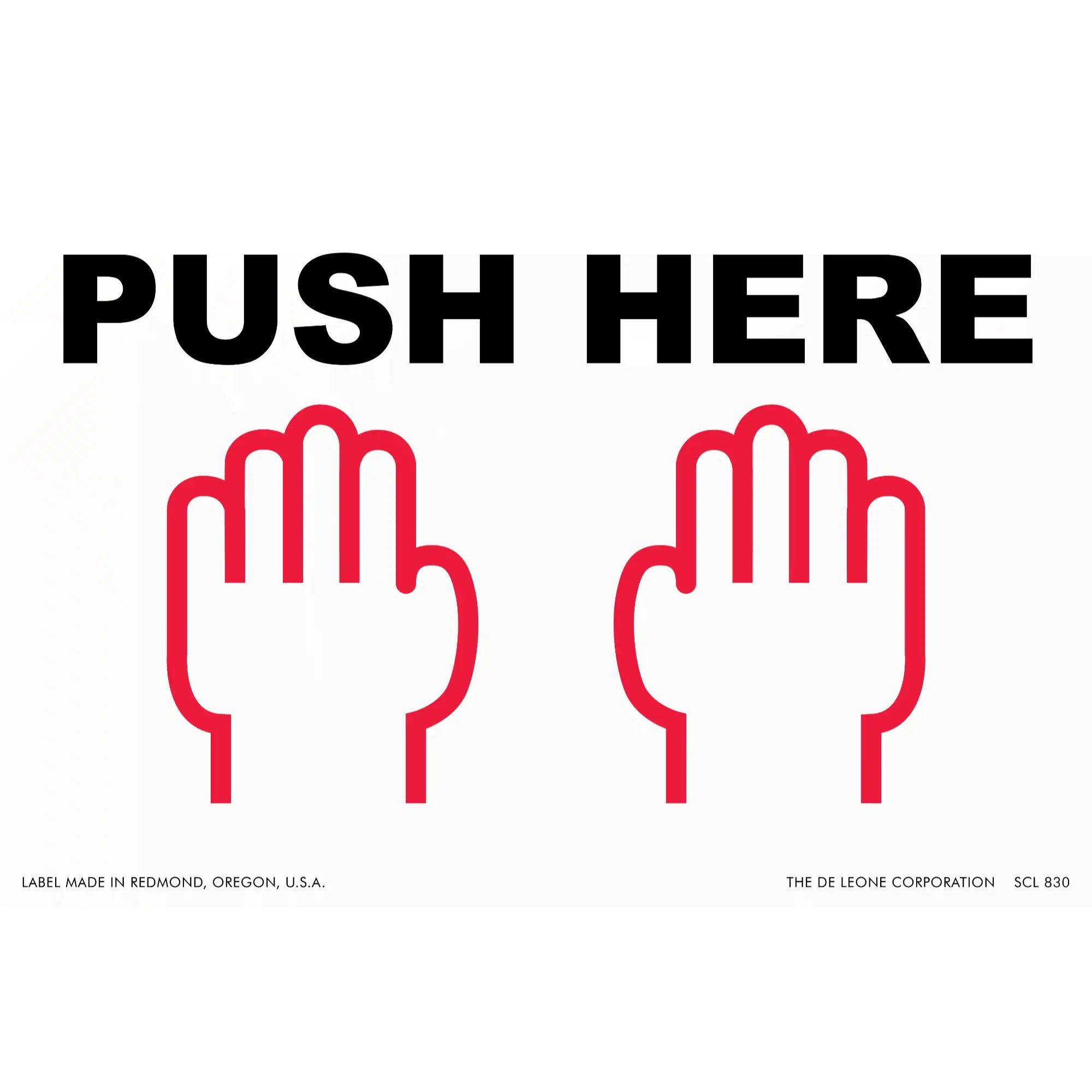 A ’PUSH HERE’ sign with two red hand icons below the text.