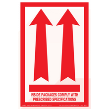 Red shipping label with upward-pointing arrows and text about package specifications.