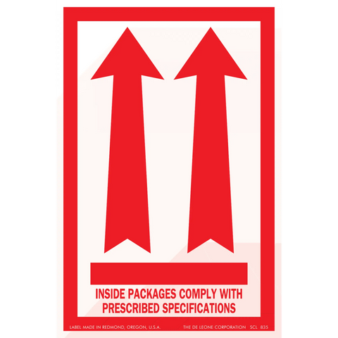 Red shipping label with upward-pointing arrows and text about package specifications.