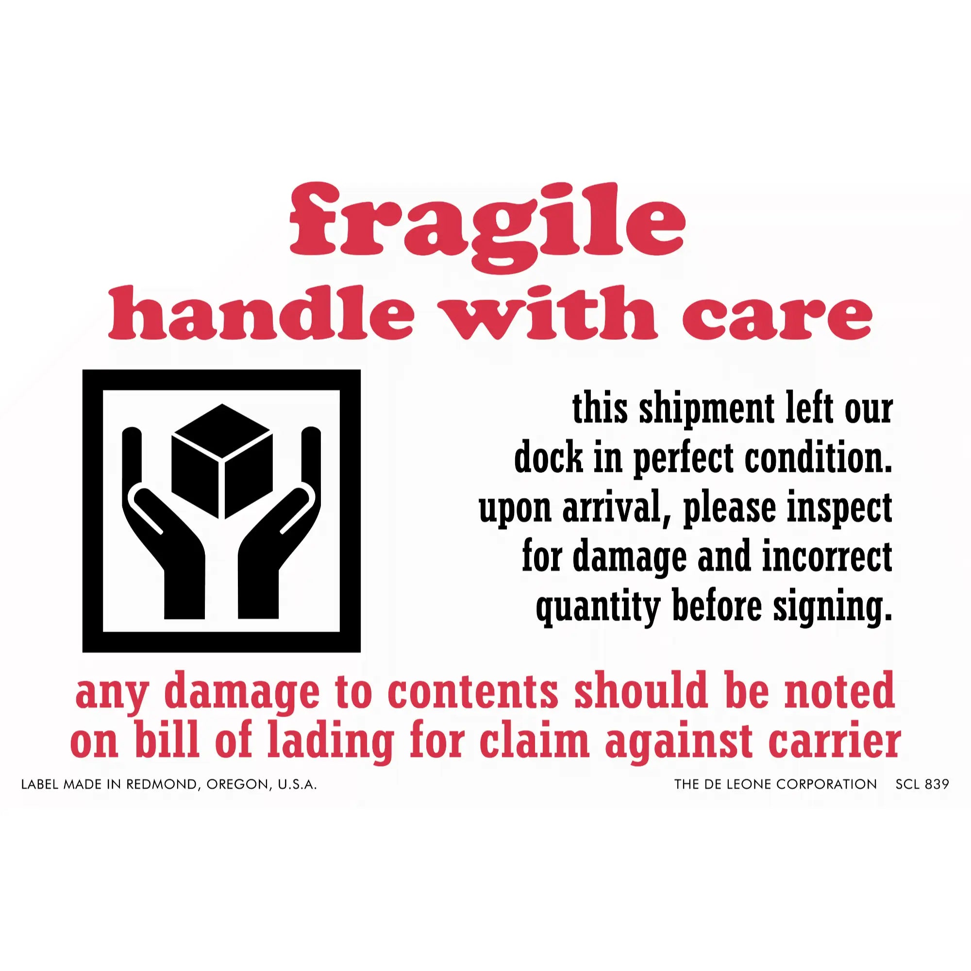 A red and black ’Fragile - Handle with Care’ shipping label with text and a package handling symbol.