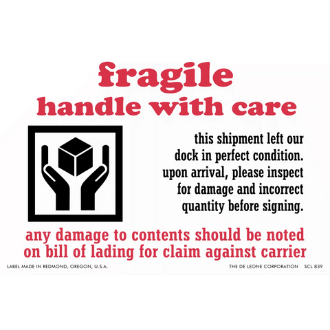 A red and black ’Fragile - Handle with Care’ shipping label with text and a package handling symbol.