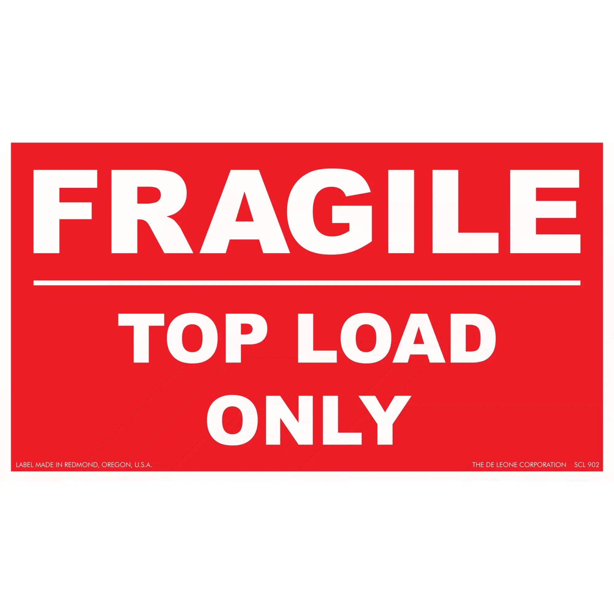 Red and white shipping label with ’FRAGILE - TOP LOAD ONLY’ text.