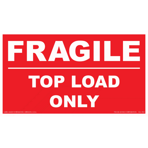 Red and white shipping label with ’FRAGILE - TOP LOAD ONLY’ text.