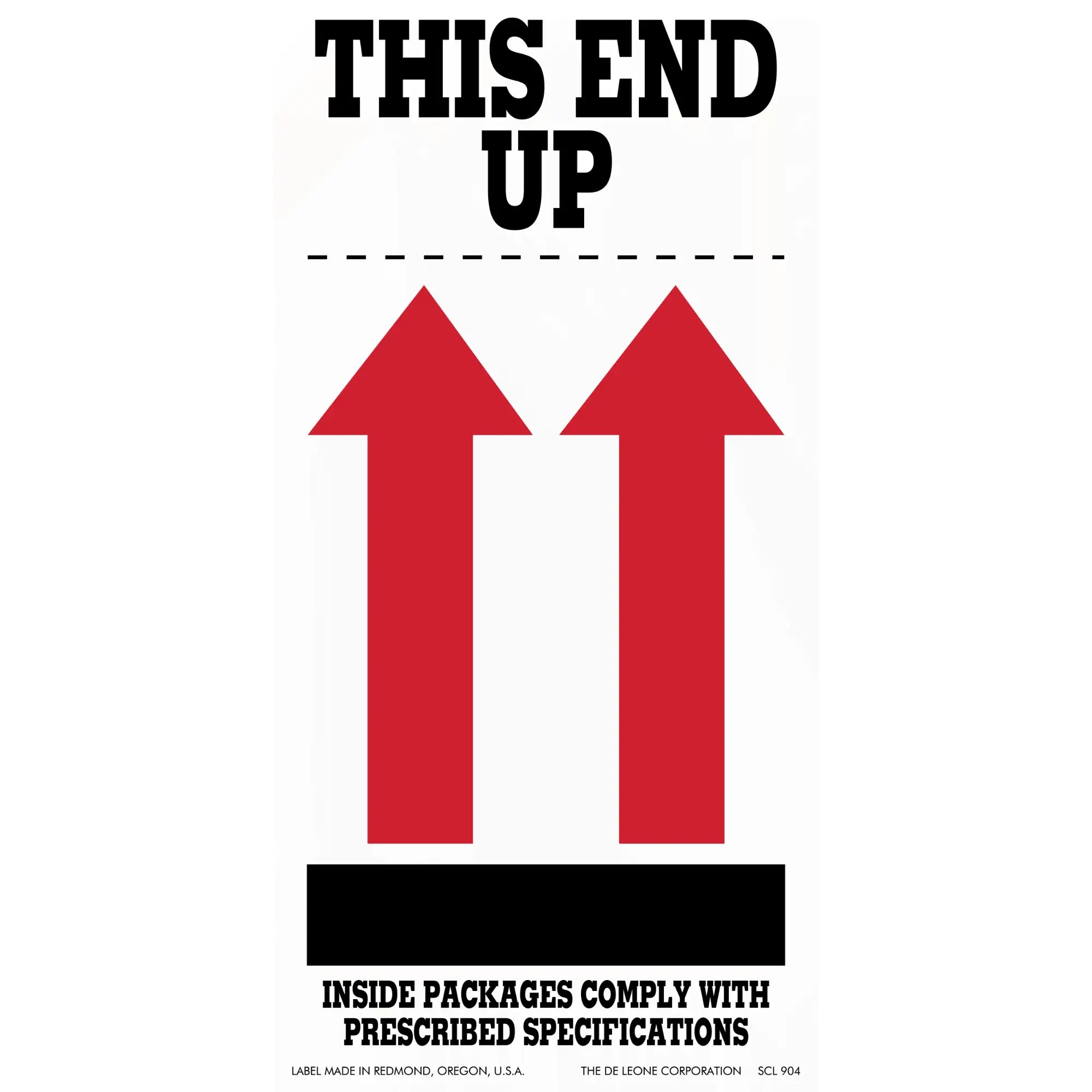 Shipping label with ’THIS END UP’ text and two red upward-pointing arrows.