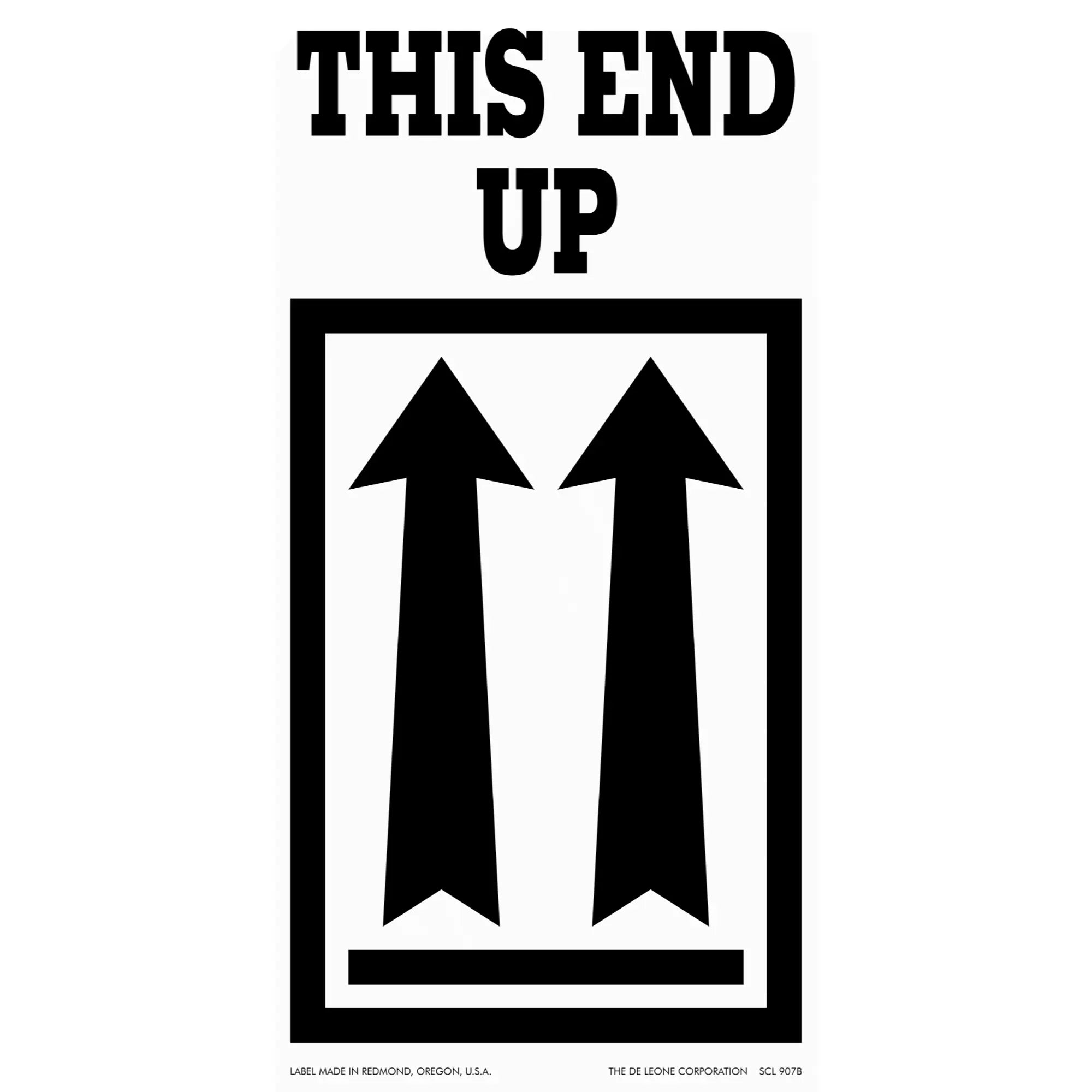Black text ’THIS END UP’ above two upward-pointing arrows in a rectangular border.