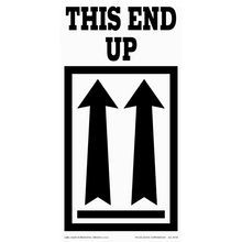 Black text ’THIS END UP’ above two upward-pointing arrows in a rectangular border.