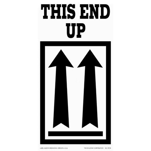 Black text ’THIS END UP’ above two upward-pointing arrows in a rectangular border.