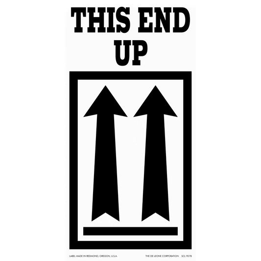 Black text ’THIS END UP’ above two upward-pointing arrows in a rectangular border.