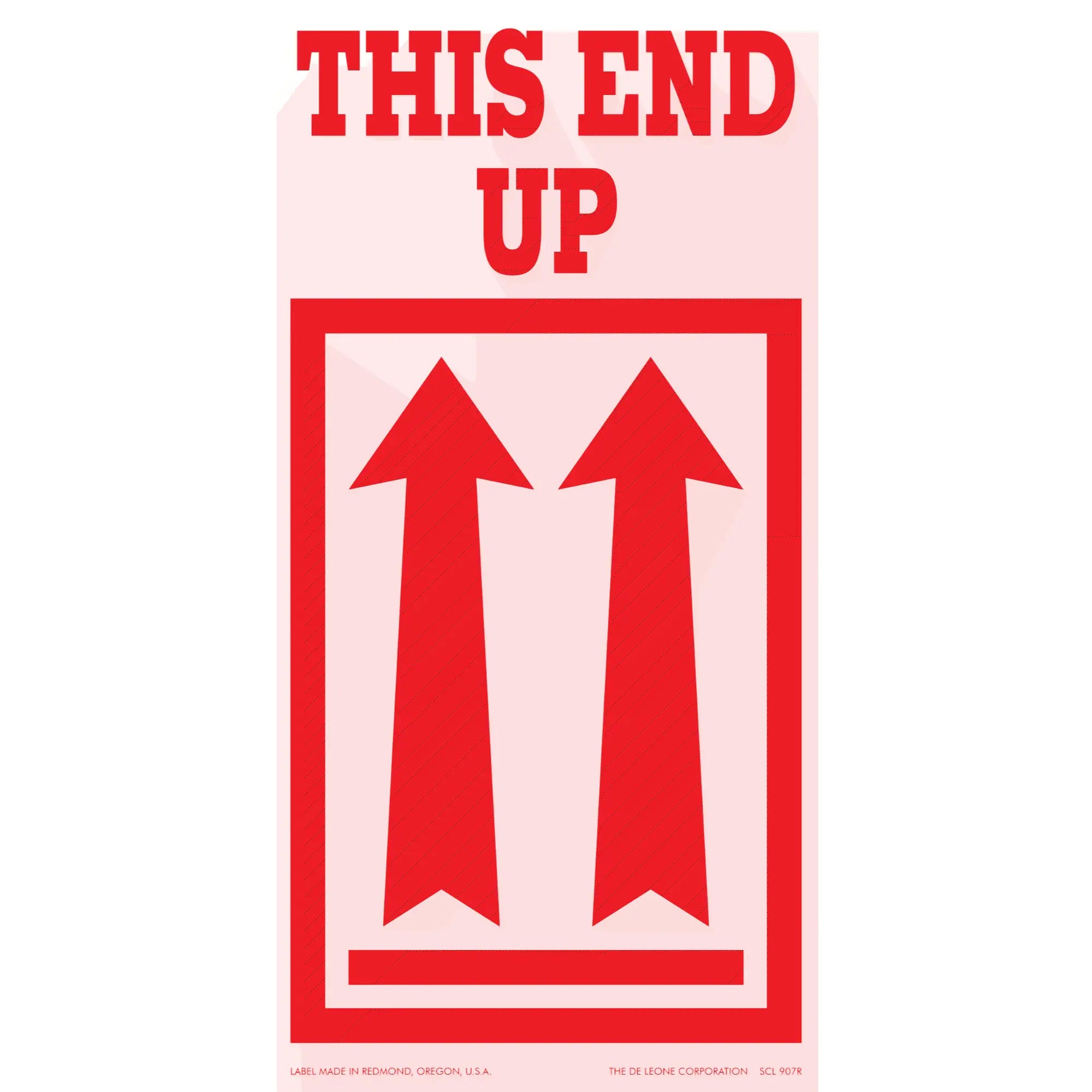 Red ’THIS END UP’ shipping label with upward-pointing arrows.