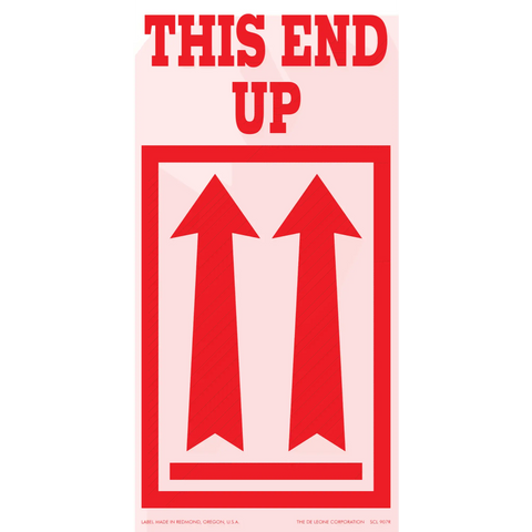 Red ’THIS END UP’ shipping label with upward-pointing arrows.