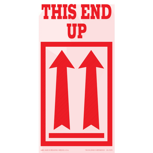 Red ’THIS END UP’ shipping label with upward-pointing arrows.