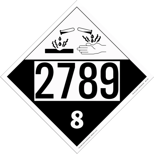 Hazardous materials placard with number 2789 and corrosive symbol in class 8.