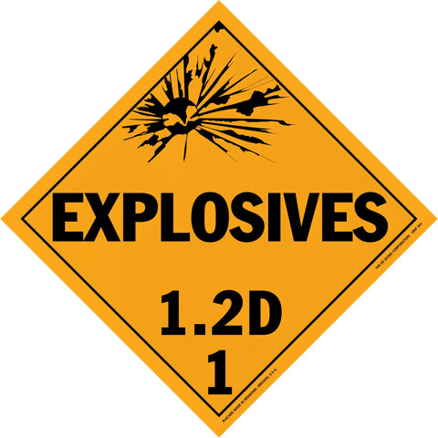 Diamond-shaped orange warning sign for explosives with classification 1.2D.