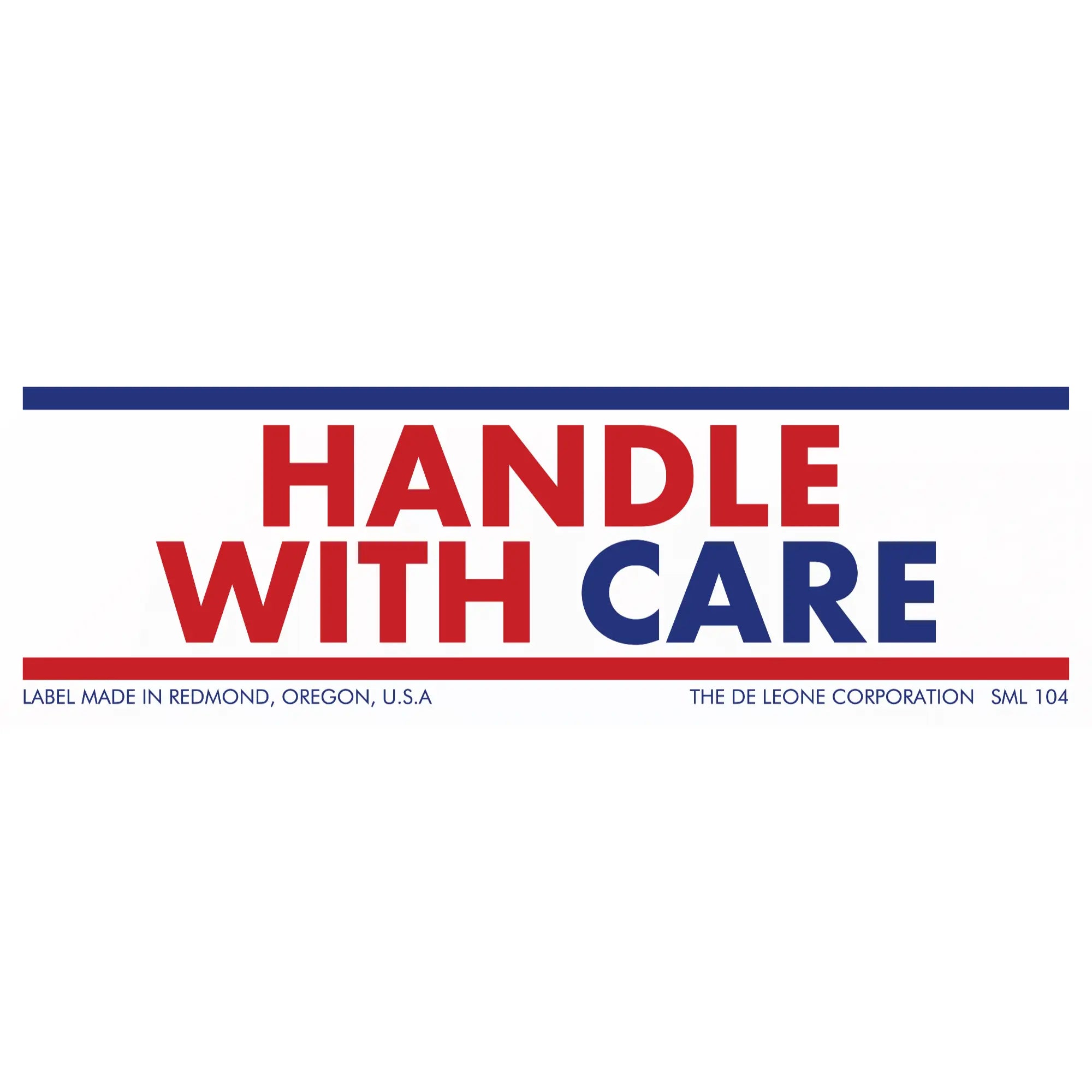 ’Handle With Care’ shipping label with red and blue text.