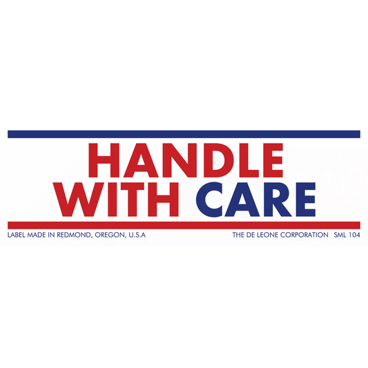 ’Handle With Care’ shipping label with red and blue text.