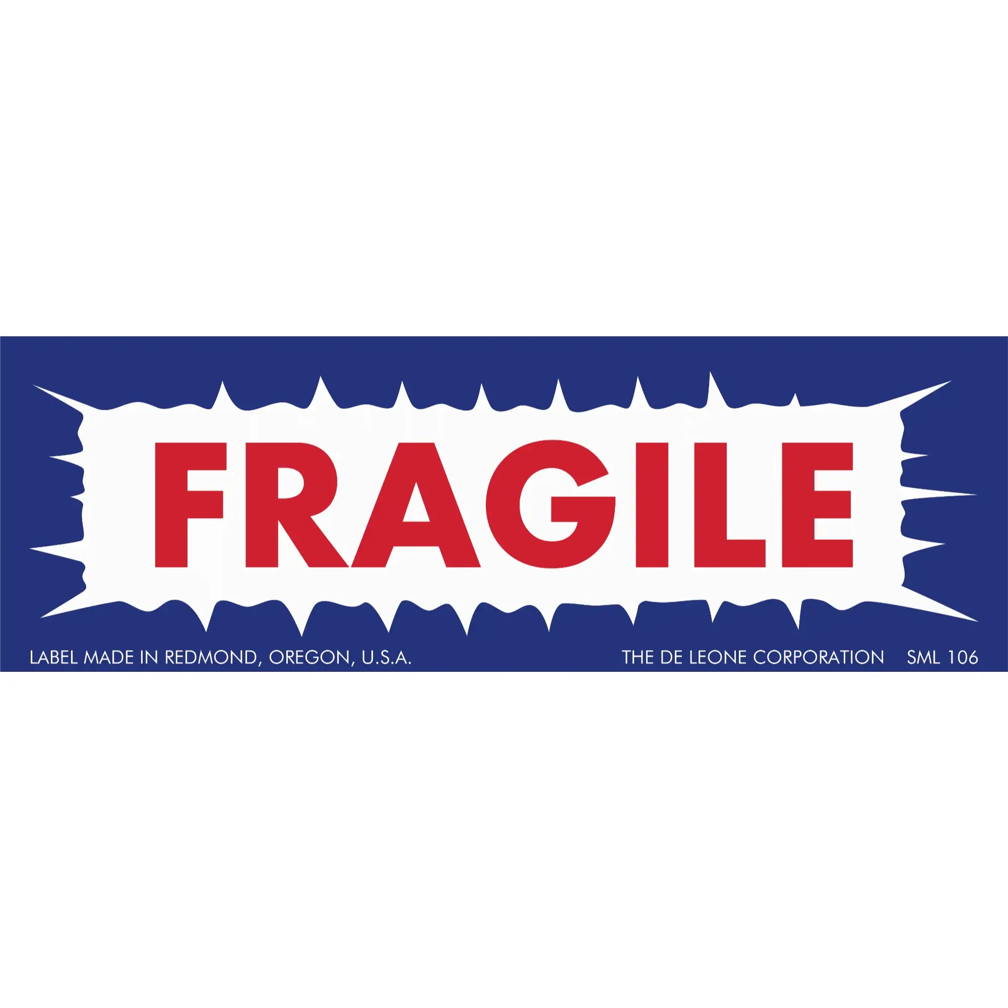 Red ’FRAGILE’ text on a white jagged border against a blue background.