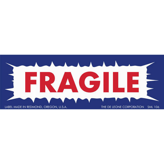 Red ’FRAGILE’ text on a white jagged border against a blue background.