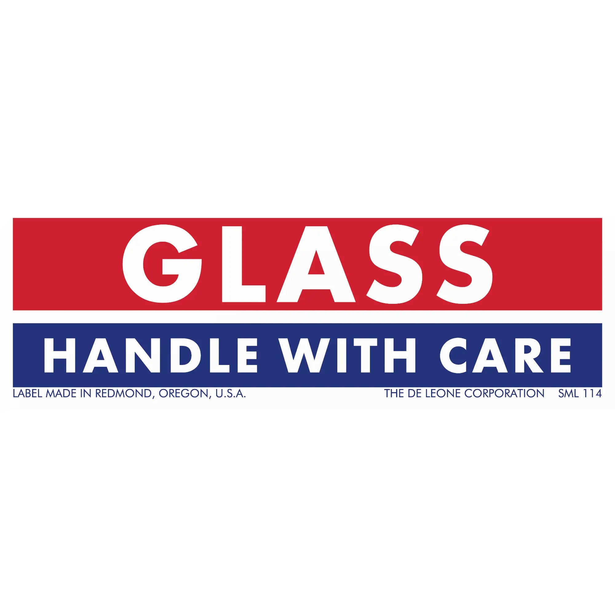 Red and blue warning label for glass that reads ’GLASS - HANDLE WITH CARE’