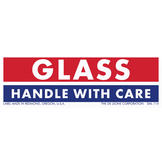 Red and blue warning label for glass that reads ’GLASS - HANDLE WITH CARE’