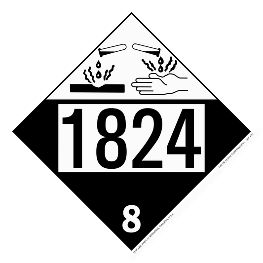 A hazardous materials placard with the number 1824 and corrosive symbol showing hands being damaged.