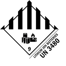 DOT Class 9 hazard label reading LITHIUM ION BATTERIES UN 3480, black and white with underlined 9
