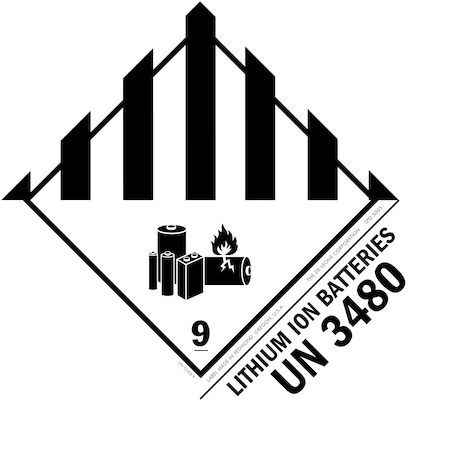 DOT Class 9 hazard label reading LITHIUM ION BATTERIES UN 3480, black and white with underlined 9