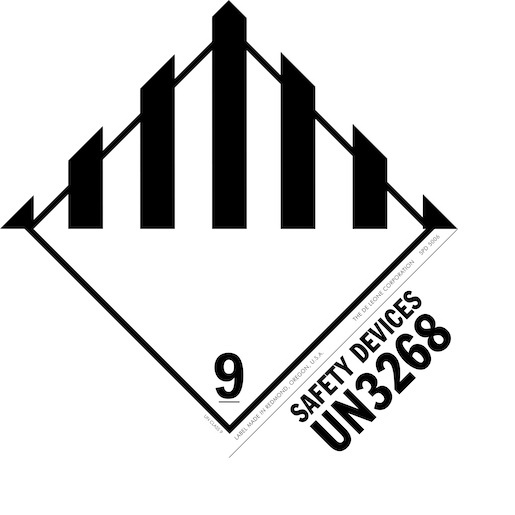 DOT Class 9 hazard label reading SAFETY DEVICES UN 3268, black and white with underlined 9