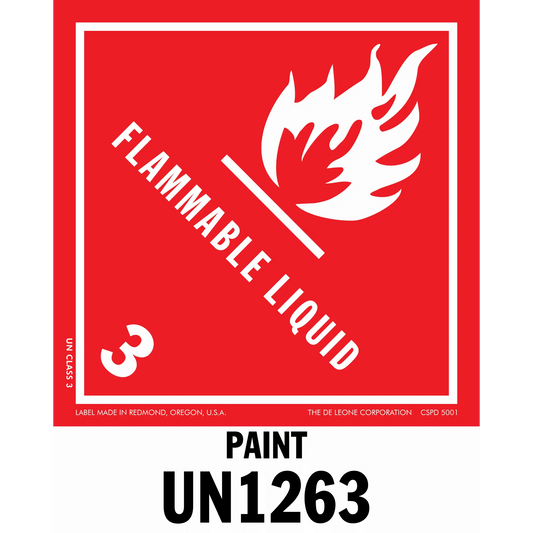 Red hazard warning sign for flammable liquid paint with UN1263 code.