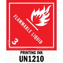 Red hazard warning label for flammable liquid printing ink with UN1210 classification.