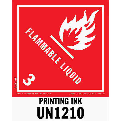 Red hazard warning label for flammable liquid printing ink with UN1210 classification.