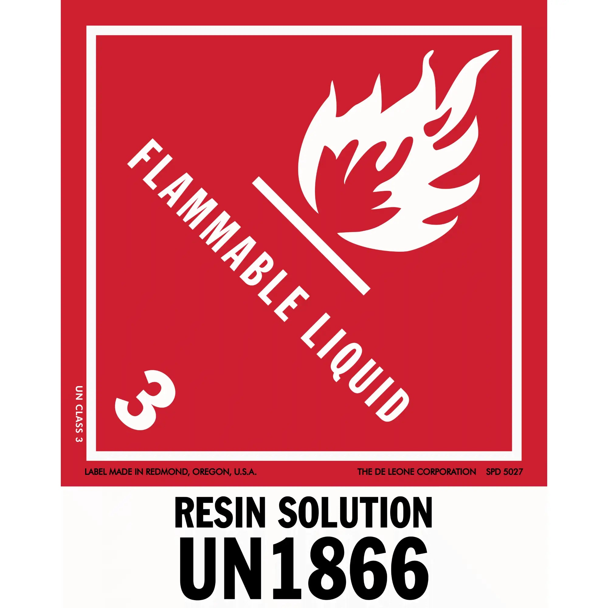 Red hazard warning sign for flammable liquid resin solution with UN1866 code.