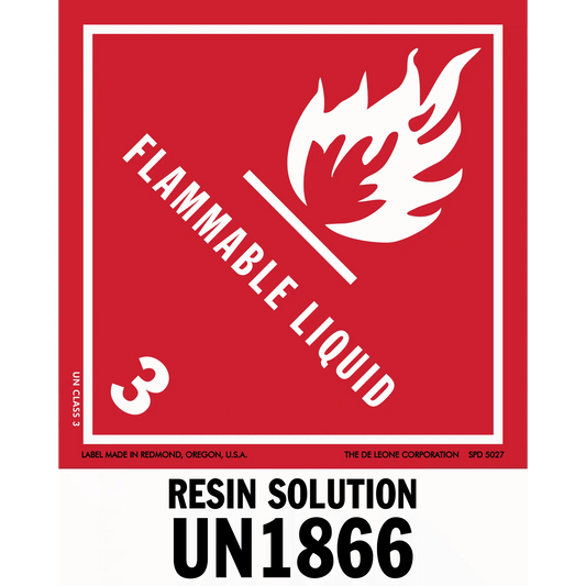 Red hazard warning sign for flammable liquid resin solution with UN1866 code.