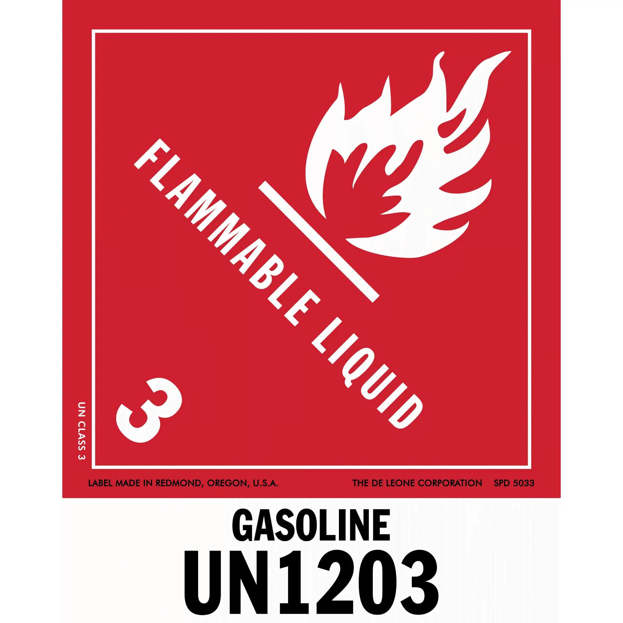 Red hazard warning sign for flammable gasoline with UN1203 identification code.