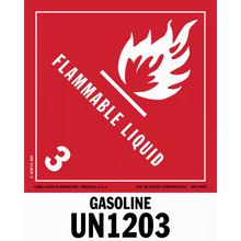 Red hazard warning sign for flammable gasoline with UN1203 identification code.