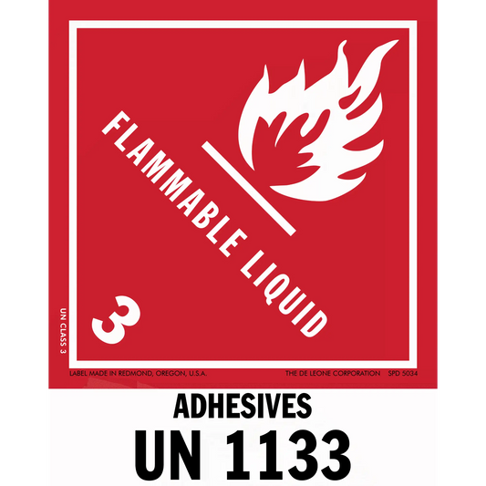 Red warning sign for flammable liquid adhesives with UN code 1133.