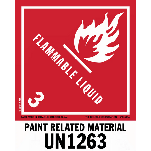 Red hazard warning sign for flammable liquid paint materials with UN1263 code.