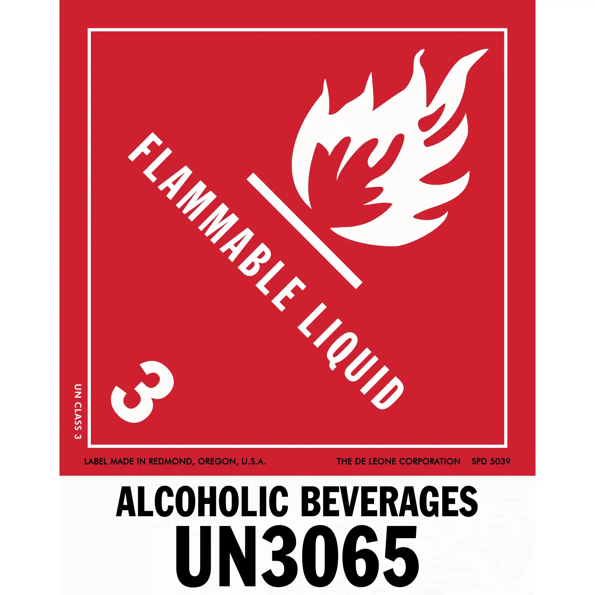 Red hazard warning sign for flammable alcoholic beverages with UN3065 code and flame symbol.